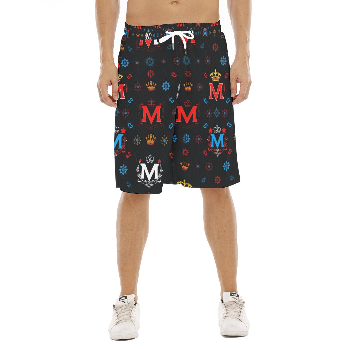 Munsieur graphic print leisure shorts for men with colorful emblem patterns and white drawstring