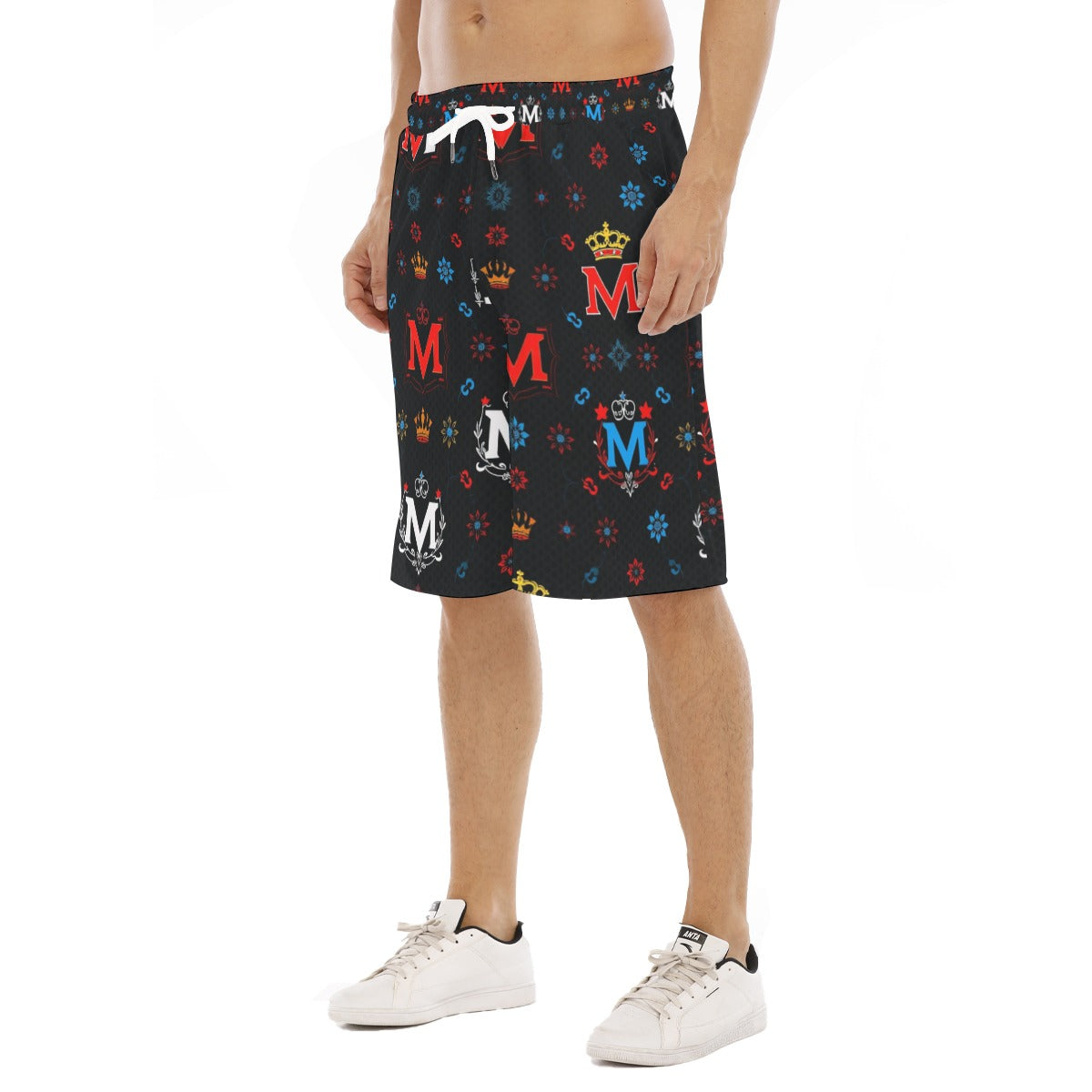 Munsieur graphic print leisure shorts for men in black with colorful M logos and crowns