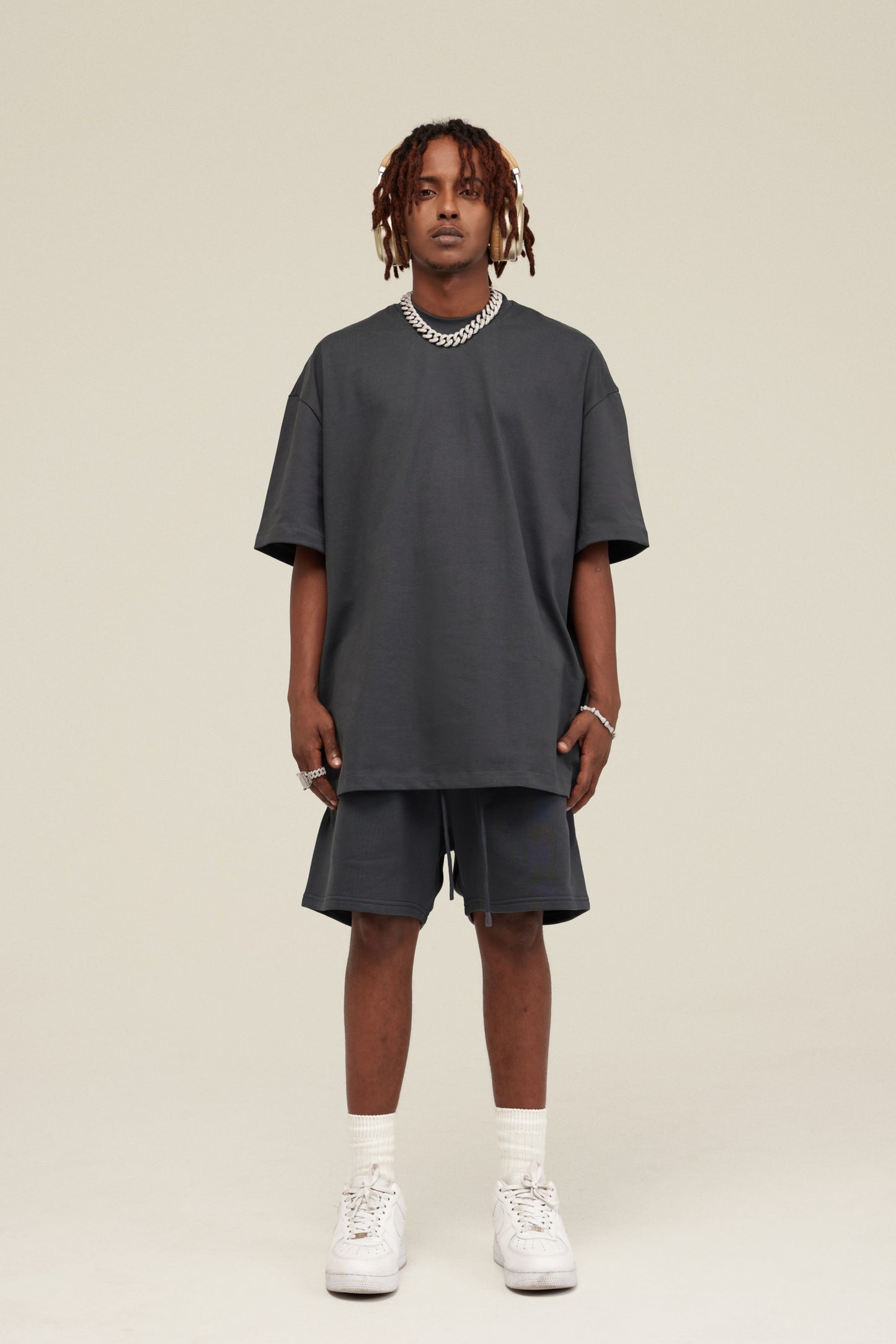 305GSM Unisex FOG Earth-Tone 20-Color Drop-Shoulder T-shirt Dark gray