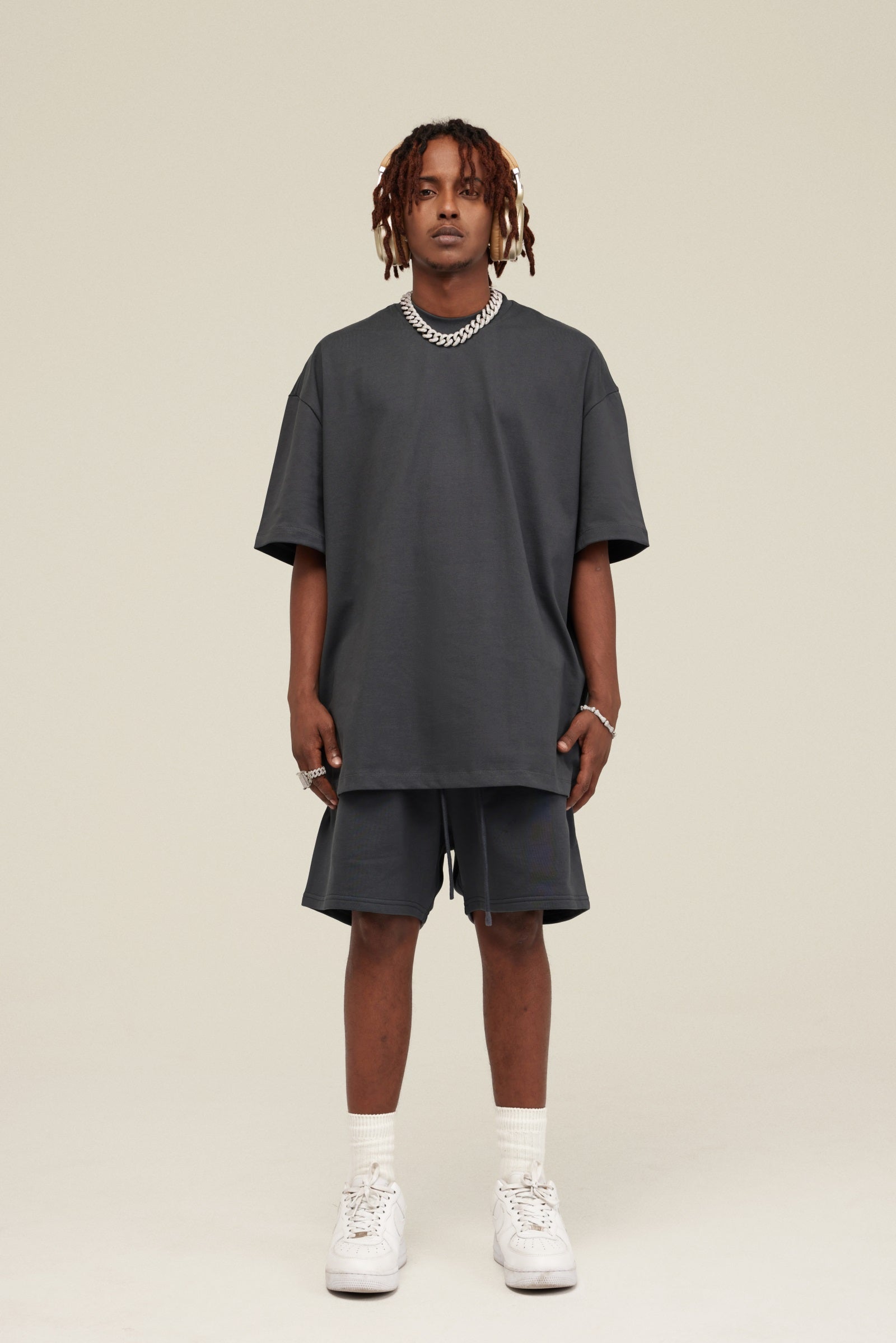 305GSM Unisex FOG Earth-Tone 20-Color Drop-Shoulder T-shirt Dark gray