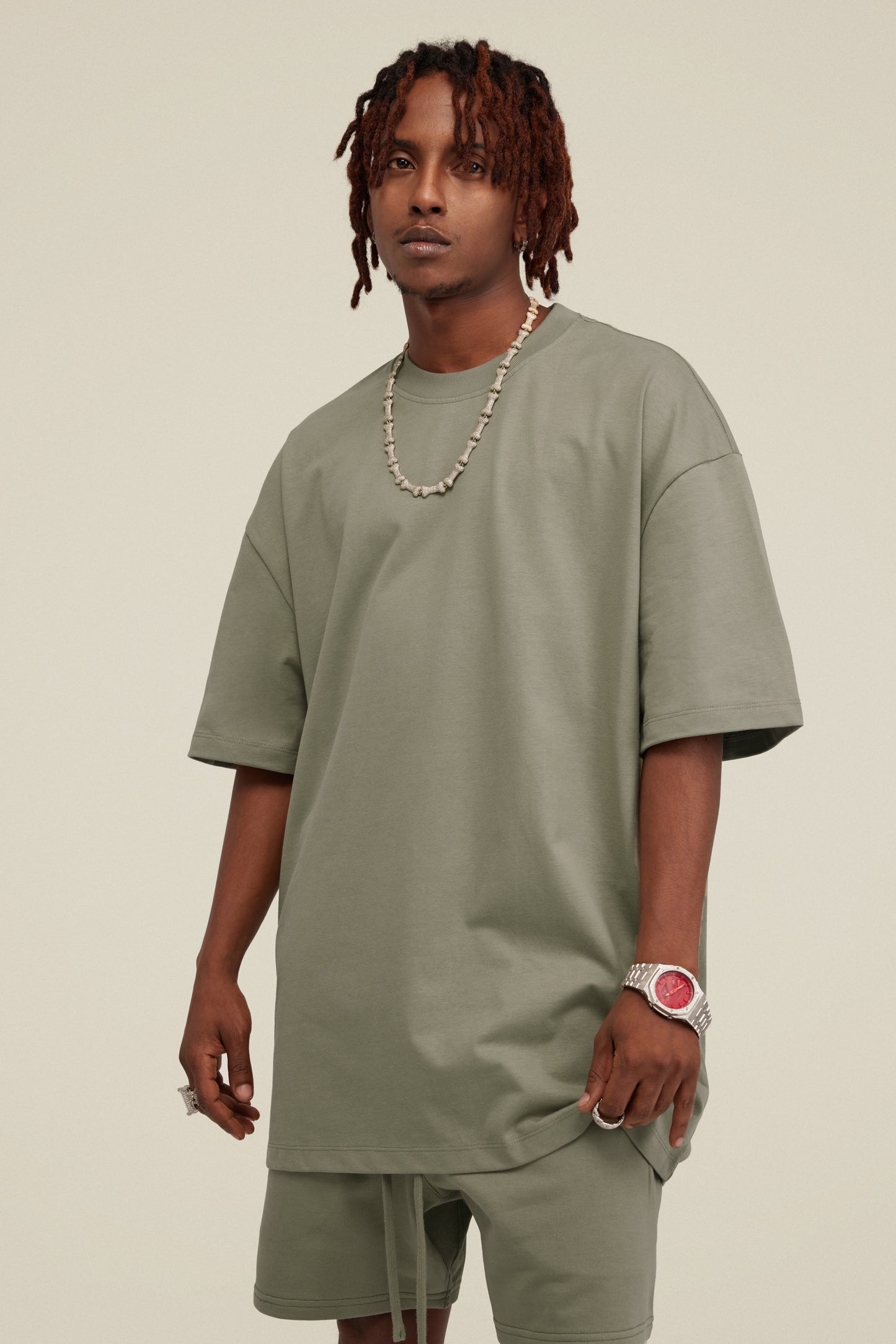305GSM Unisex FOG Earth-Tone 20-Color Drop-Shoulder T-shirt Light Green