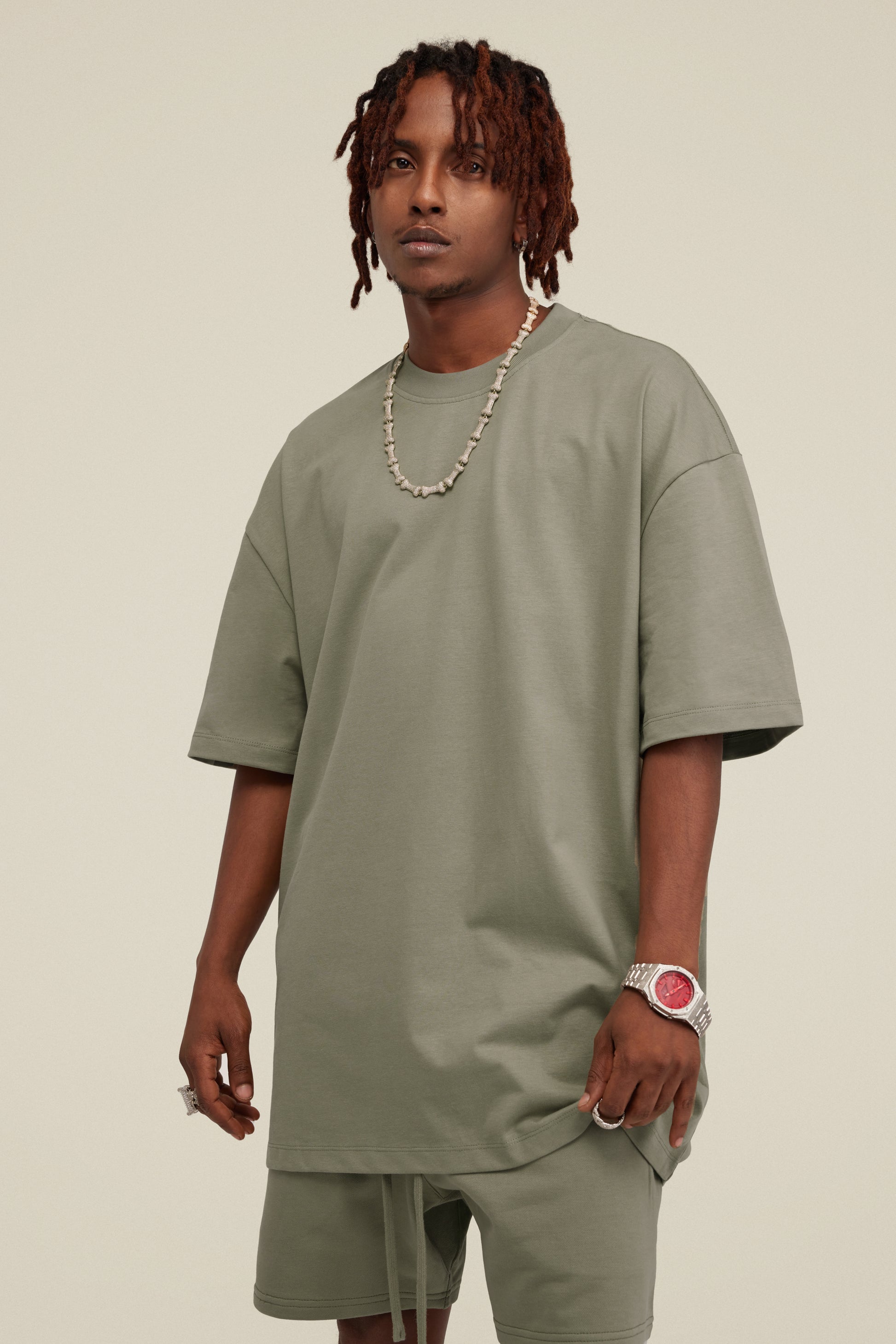 305GSM Unisex FOG Earth-Tone 20-Color Drop-Shoulder T-shirt Light Green