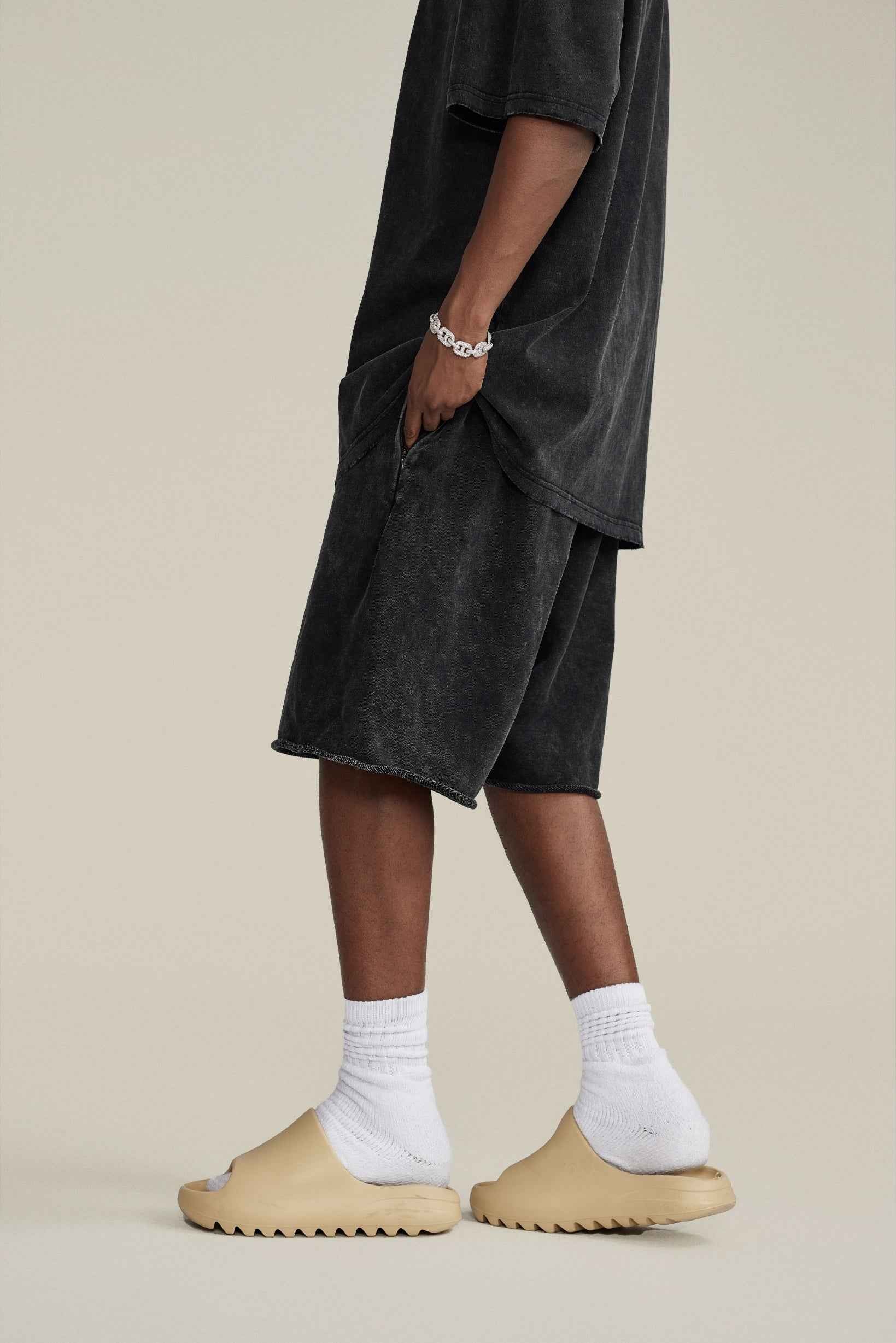 410GSM Men's Distressed Vintage-Wash Raw-Hem Shorts