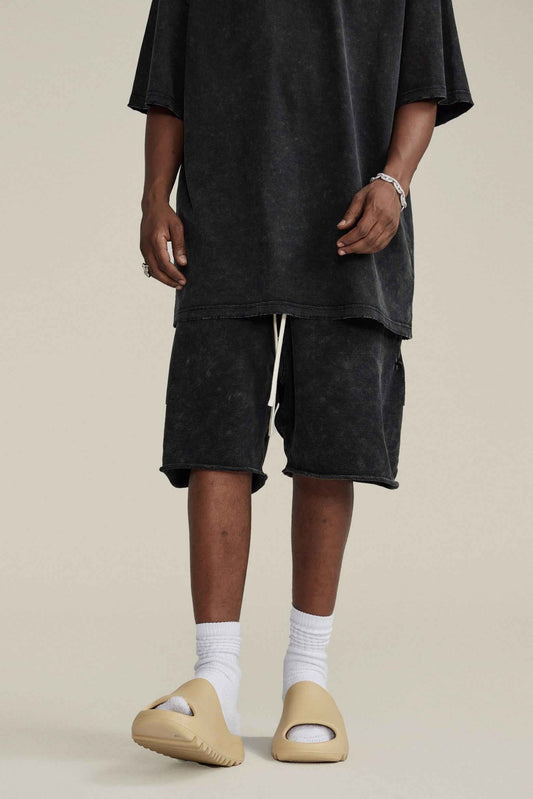 410GSM Men's Distressed Vintage-Wash Raw-Hem Shorts