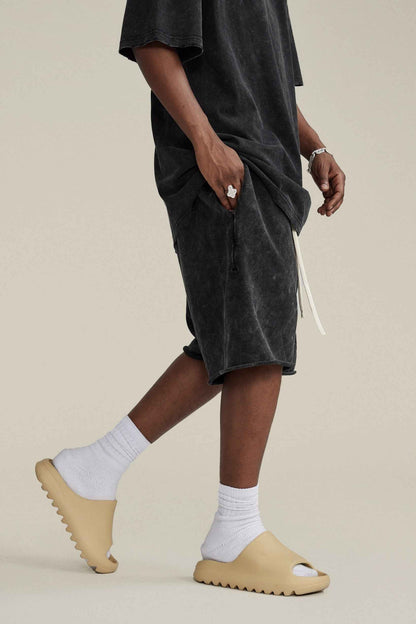 410GSM Men's Distressed Vintage-Wash Raw-Hem Shorts