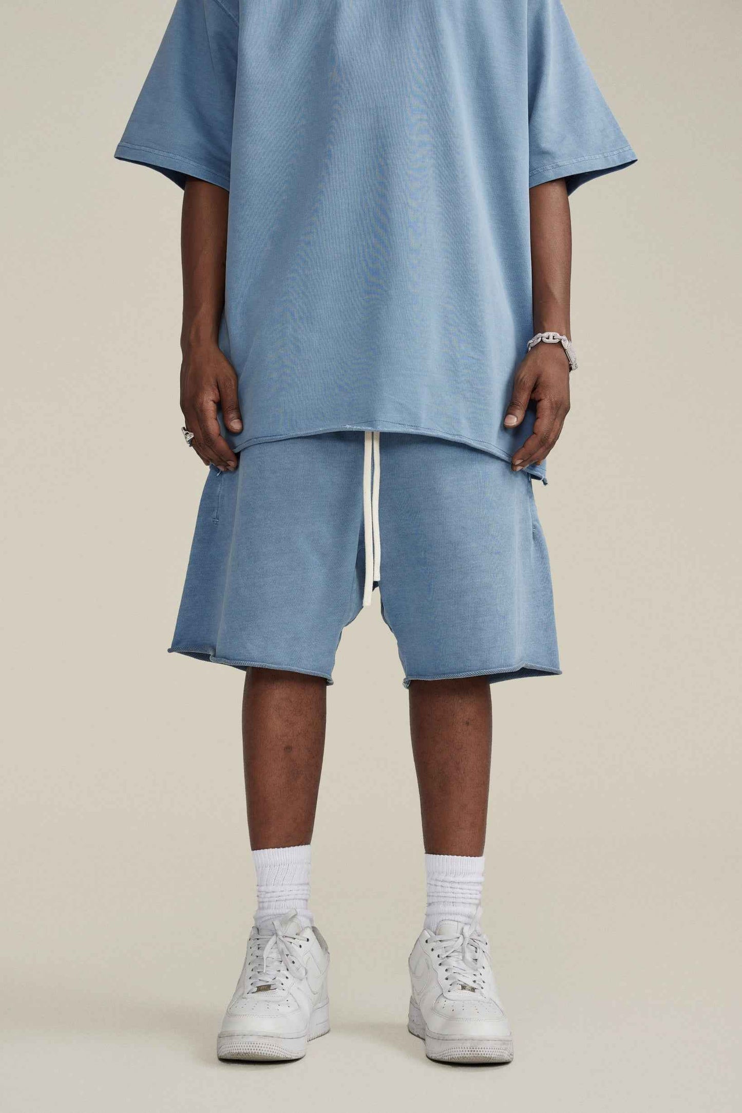 410GSM Men's Distressed Vintage-Wash Raw-Hem Shorts