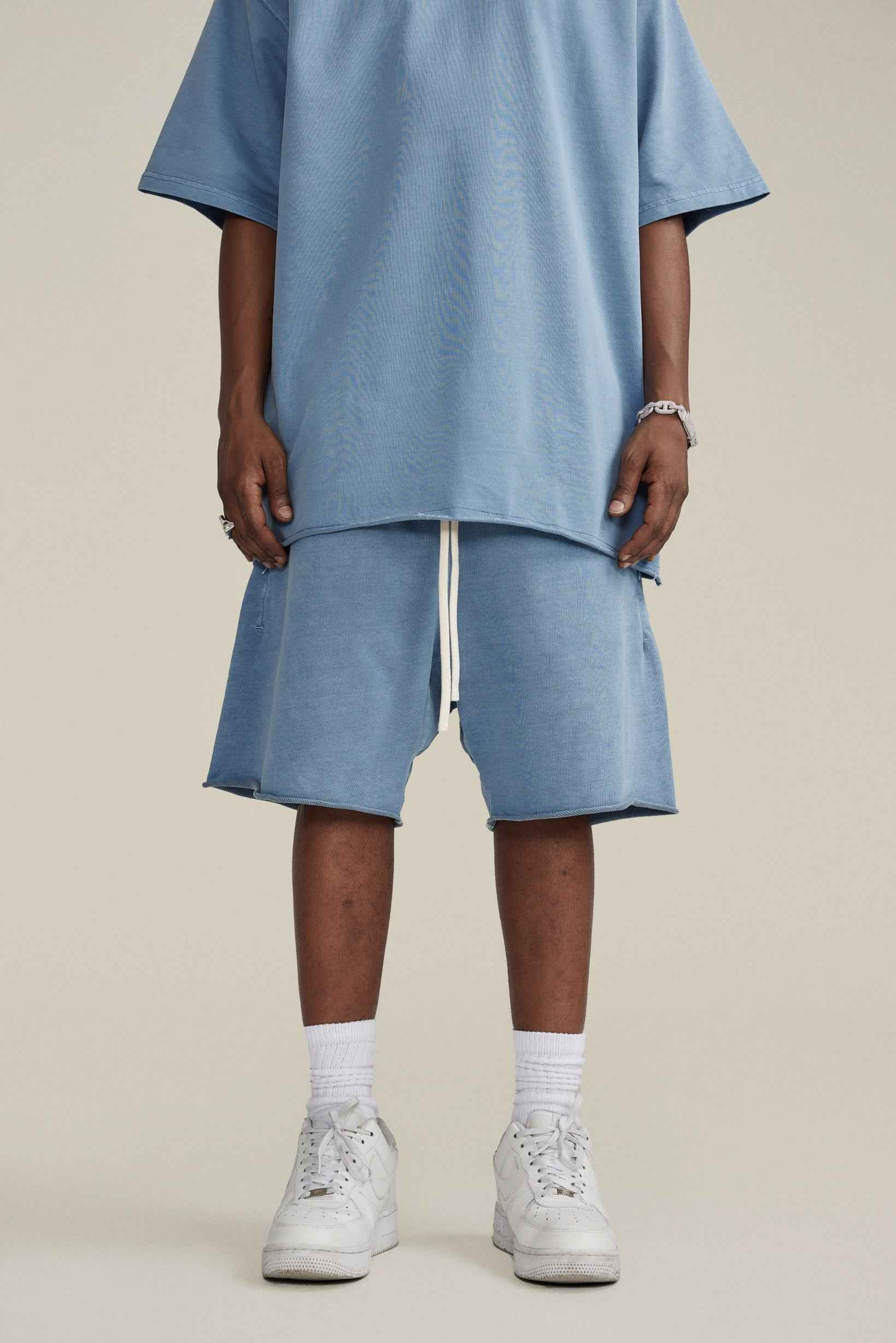 410GSM Men's Distressed Vintage-Wash Raw-Hem Shorts