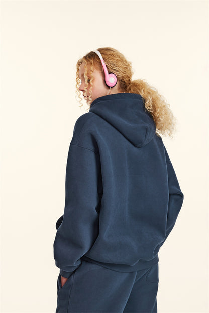 345GSM Women's Heavyweight Solid-Color Hoodie Navy Blue