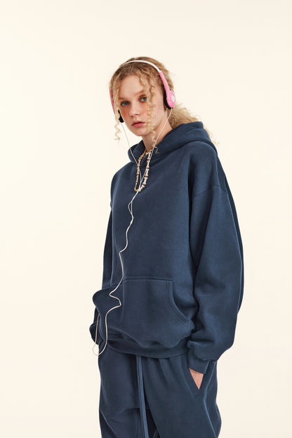 345GSM Women's Heavyweight Solid-Color Hoodie Navy Blue