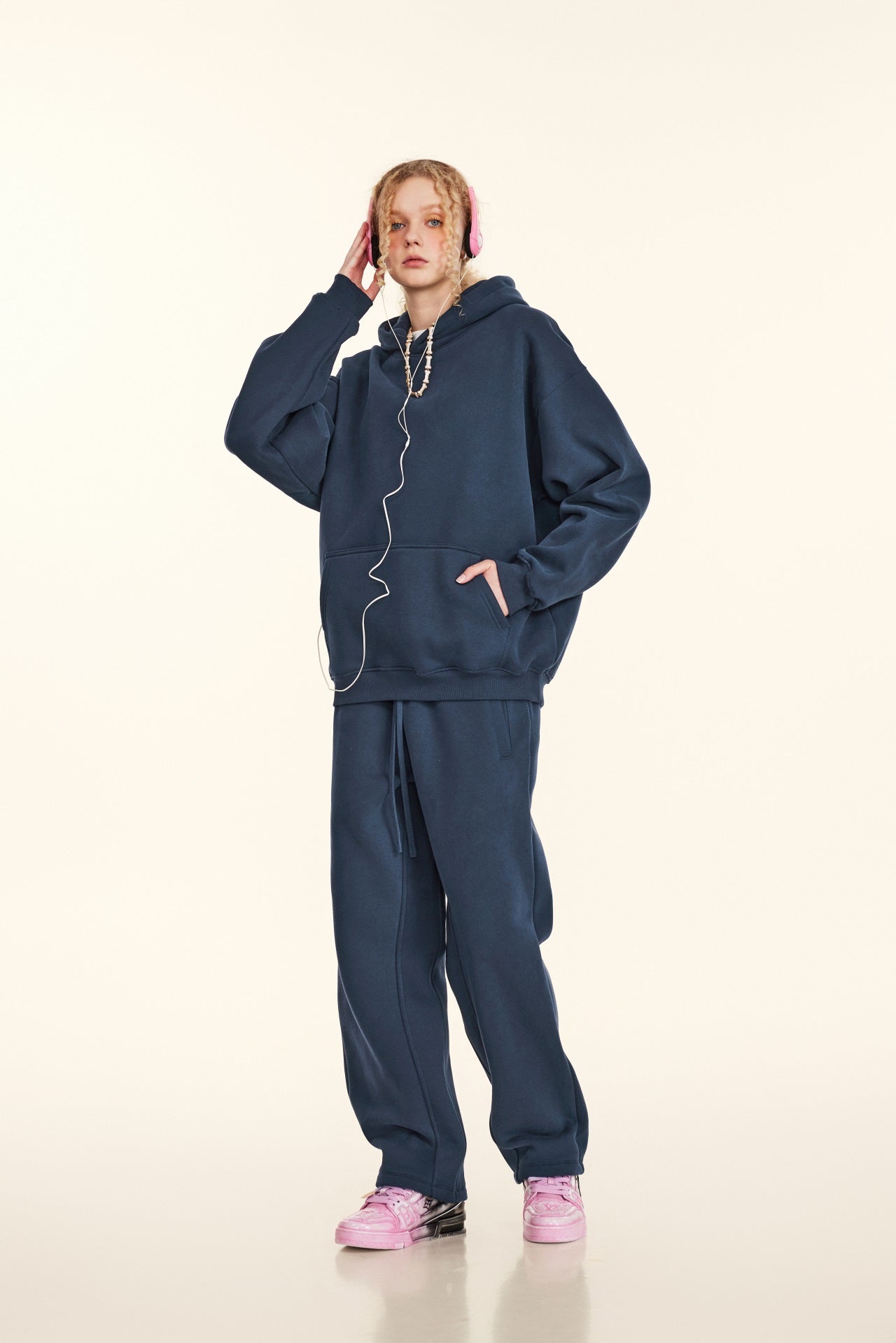 345GSM Women's Heavyweight Solid-Color Hoodie Navy Blue