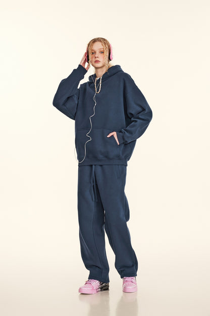 345GSM Women's Heavyweight Solid-Color Hoodie Navy Blue