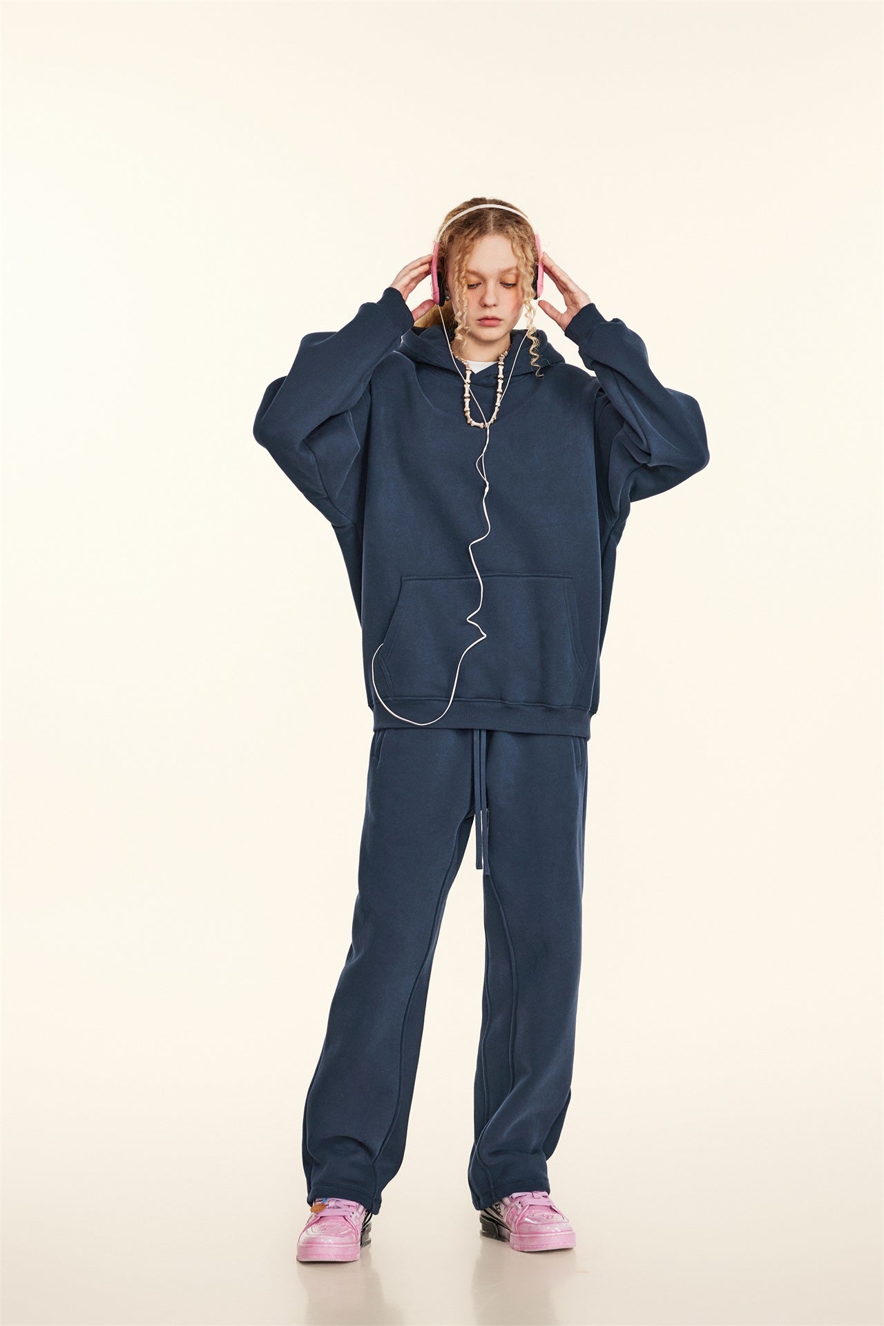 345GSM Women's Heavyweight Solid-Color Hoodie Navy Blue