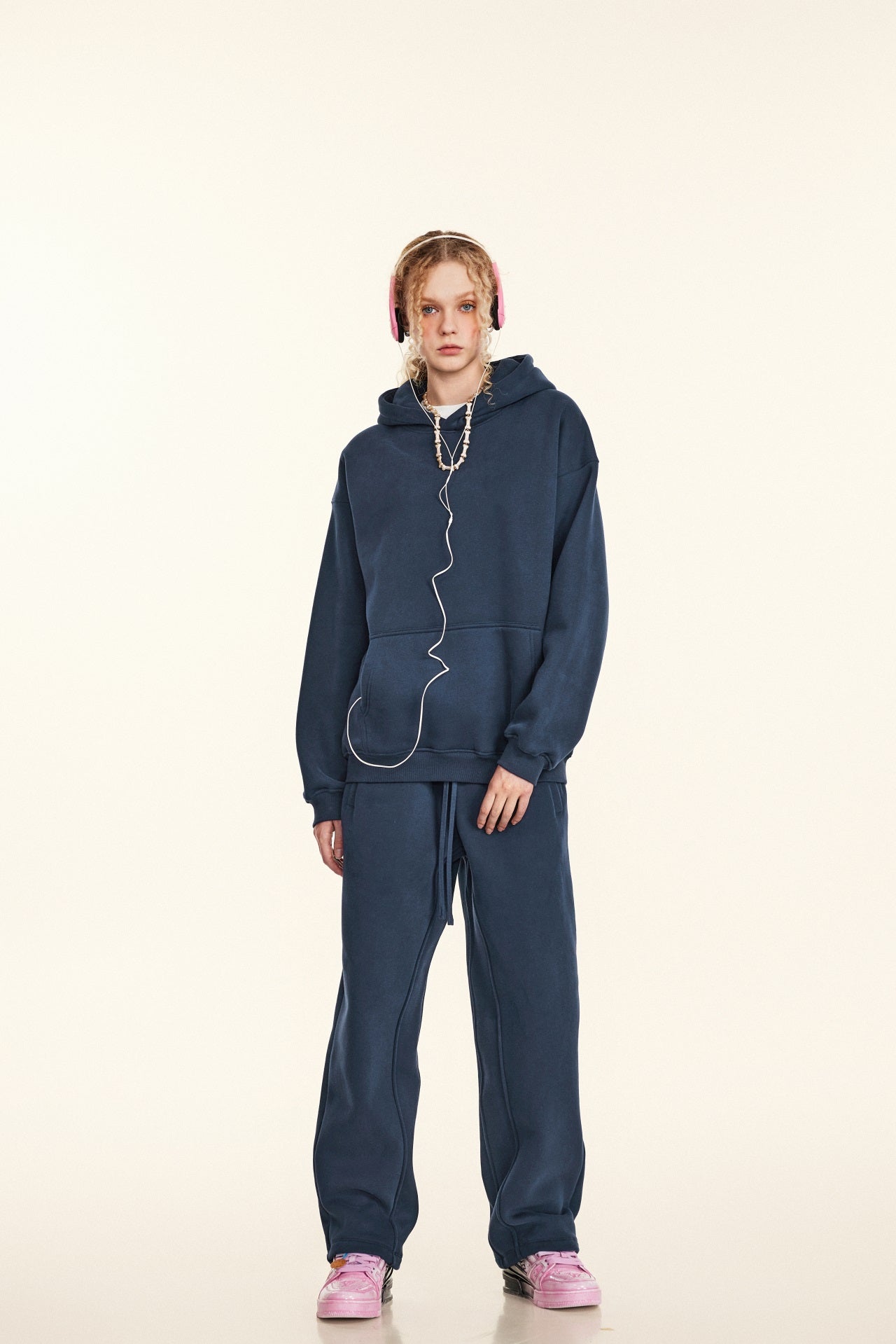 345GSM Women's Heavyweight Solid-Color Hoodie Navy Blue