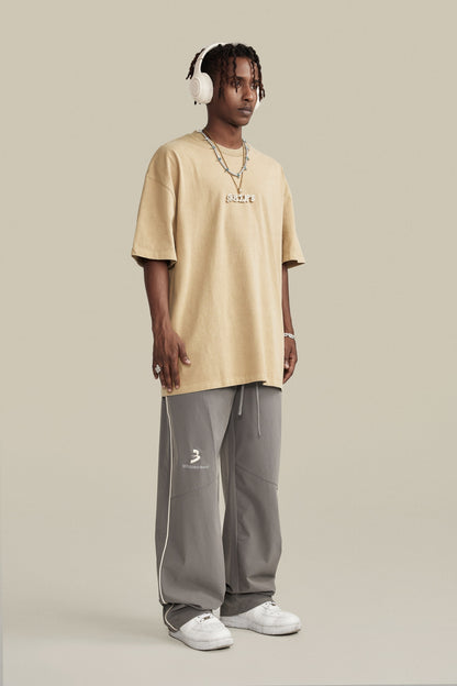 260GSM Unisex Heavyweight Re-Washed Distressed Crew Neck T-shirt Khaki