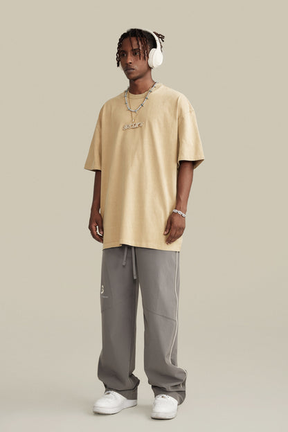 260GSM Unisex Heavyweight Re-Washed Distressed Crew Neck T-shirt Khaki