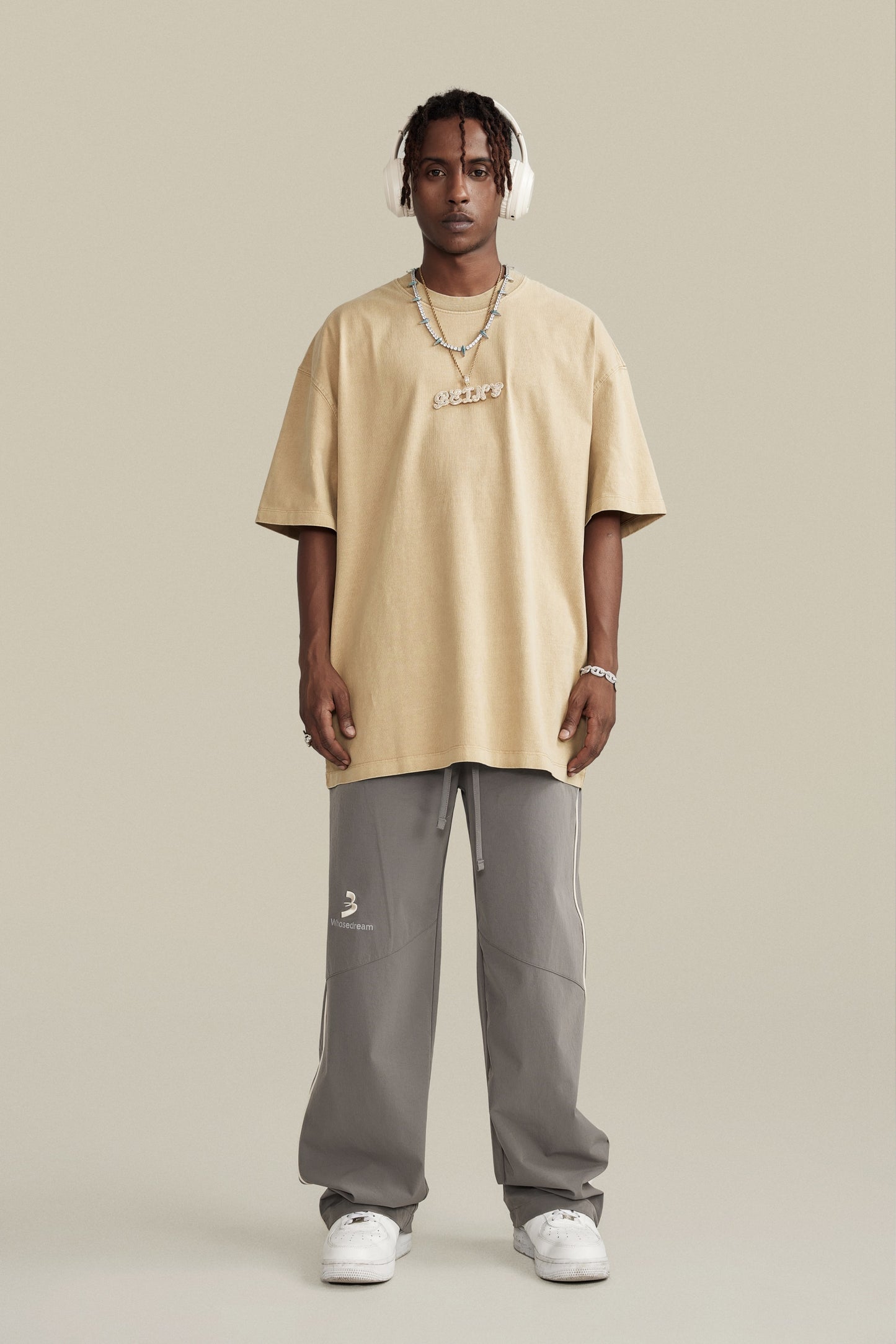 260GSM Unisex Heavyweight Re-Washed Distressed Crew Neck T-shirt Khaki
