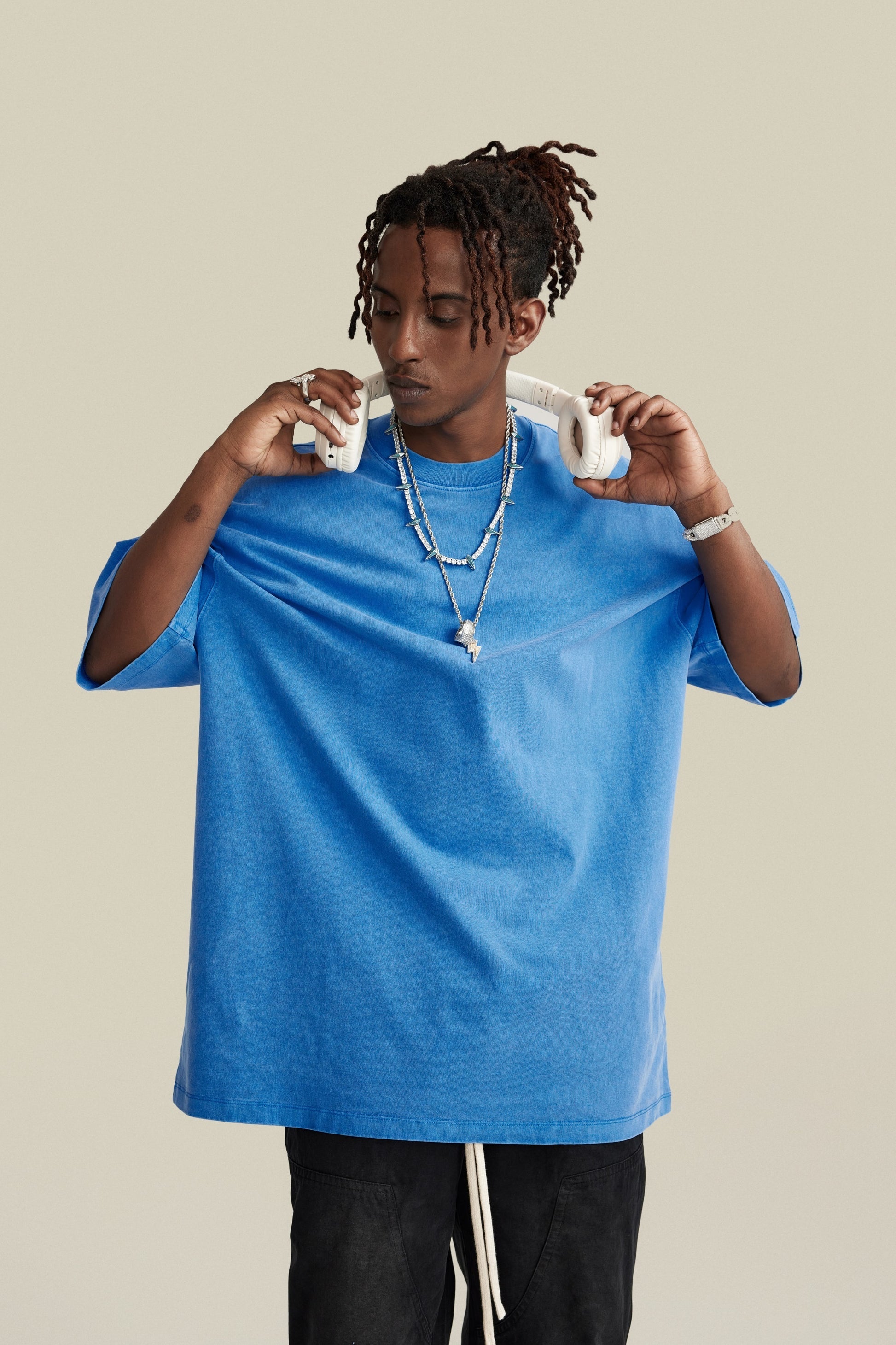 260GSM Unisex Heavyweight Re-Washed Distressed Crew Neck T-shirt Denim Blue