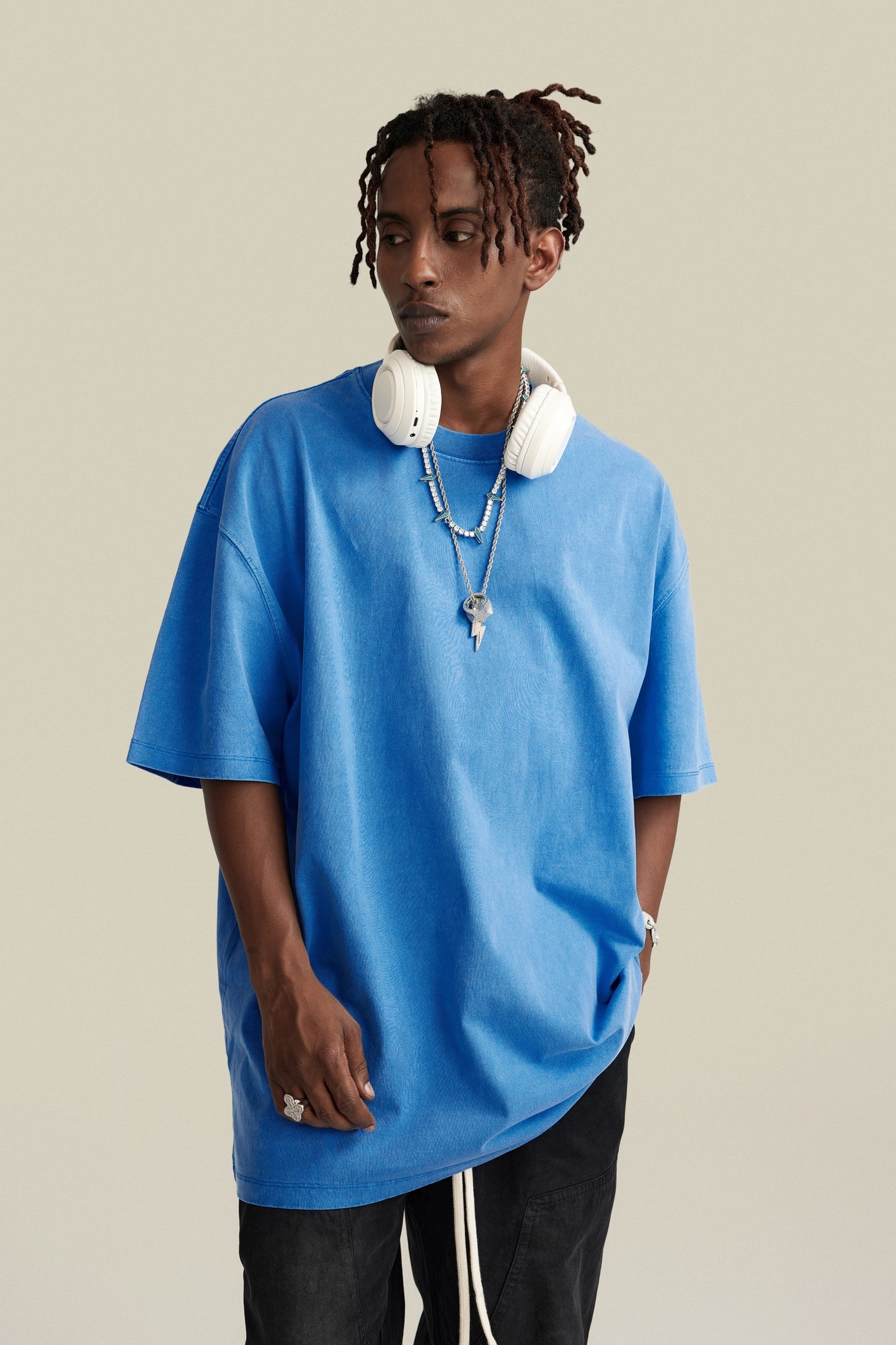 260GSM Unisex Heavyweight Re-Washed Distressed Crew Neck T-shirt Denim Blue