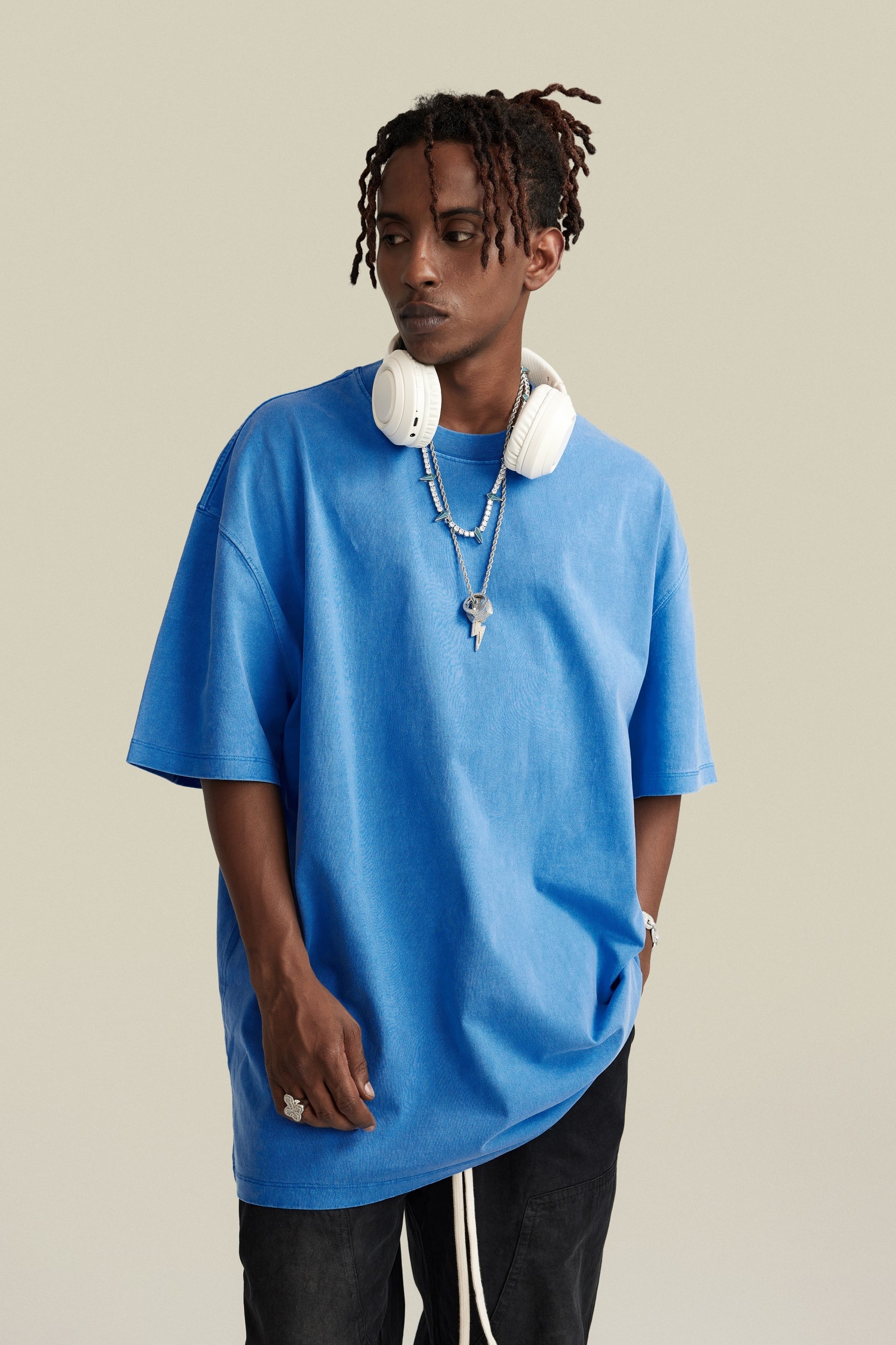 260GSM Unisex Heavyweight Re-Washed Distressed Crew Neck T-shirt Denim Blue