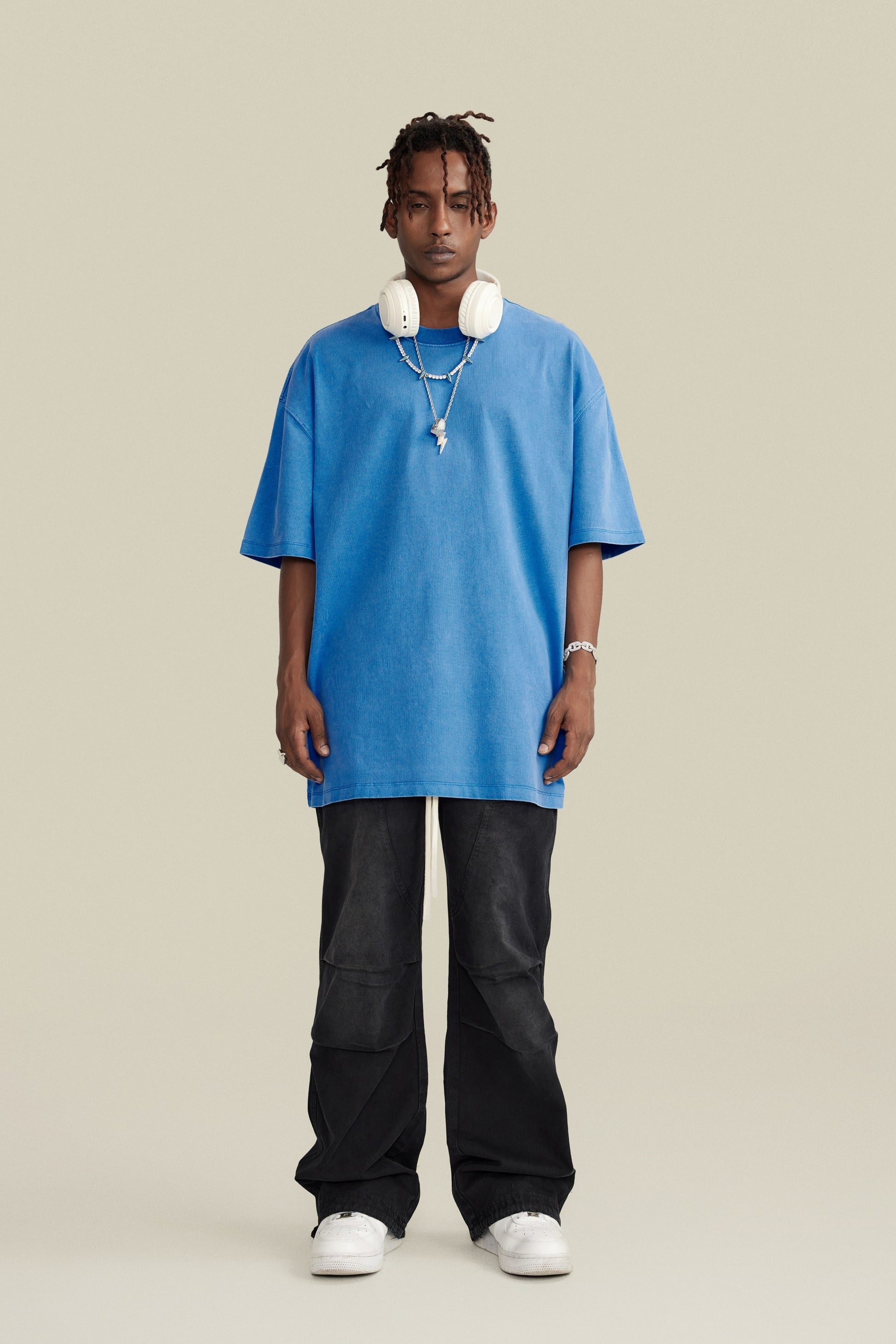 260GSM Unisex Heavyweight Re-Washed Distressed Crew Neck T-shirt Denim Blue
