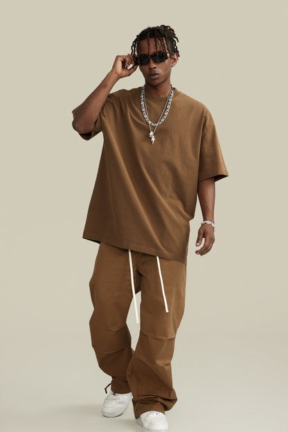 260GSM Unisex Heavyweight Re-Washed Distressed Crew Neck T-shirt Coffee Brown