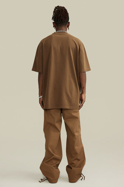 260GSM Unisex Heavyweight Re-Washed Distressed Crew Neck T-shirt Coffee Brown