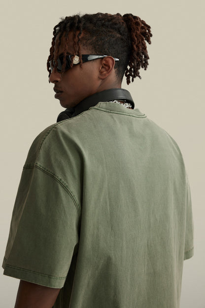 260GSM Unisex Heavyweight Re-Washed Distressed Crew Neck T-shirt Greyish Green