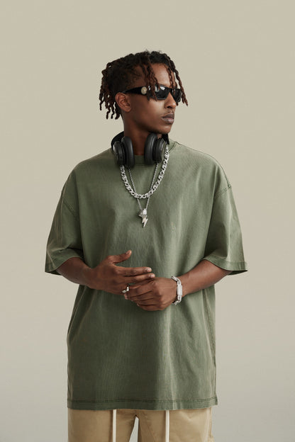 260GSM Unisex Heavyweight Re-Washed Distressed Crew Neck T-shirt Greyish Green