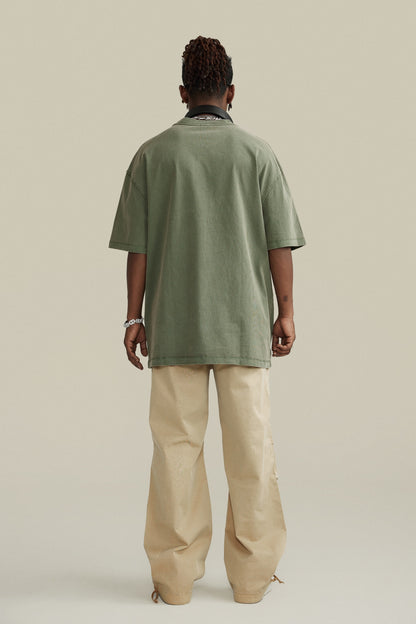260GSM Unisex Heavyweight Re-Washed Distressed Crew Neck T-shirt Greyish Green