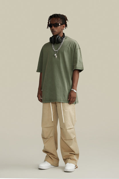 260GSM Unisex Heavyweight Re-Washed Distressed Crew Neck T-shirt Greyish Green