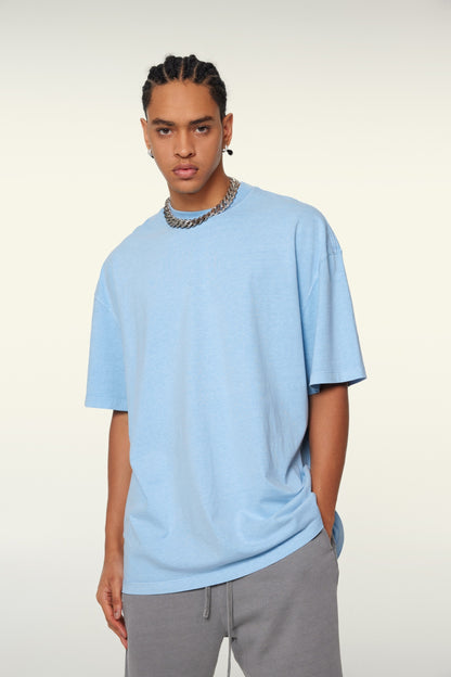 260GSM Unisex Heavyweight Re-Washed Distressed Crew Neck T-shirt Sky Blue