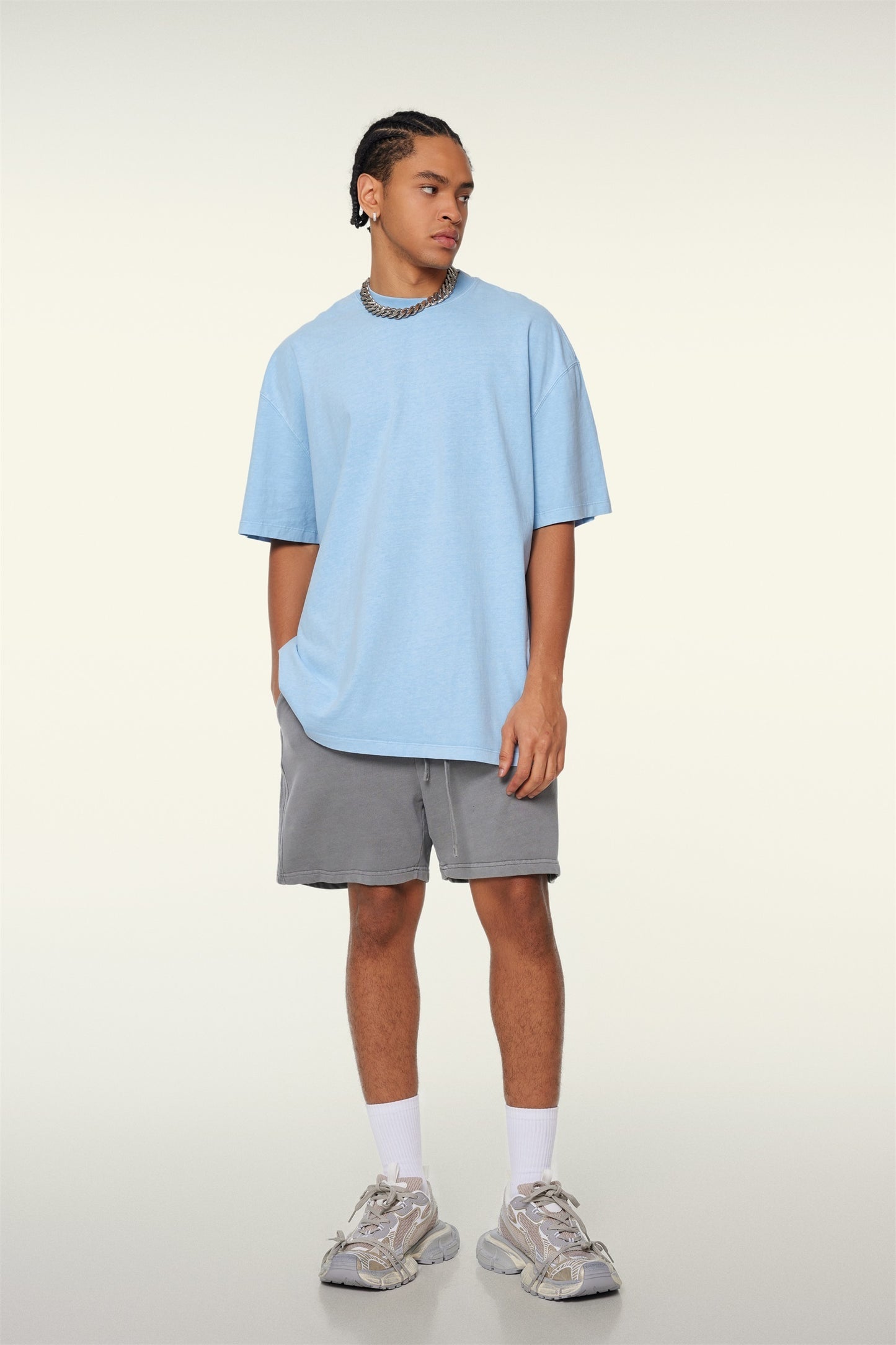 260GSM Unisex Heavyweight Re-Washed Distressed Crew Neck T-shirt Sky Blue