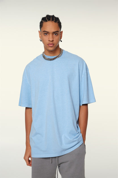 260GSM Unisex Heavyweight Re-Washed Distressed Crew Neck T-shirt Sky Blue