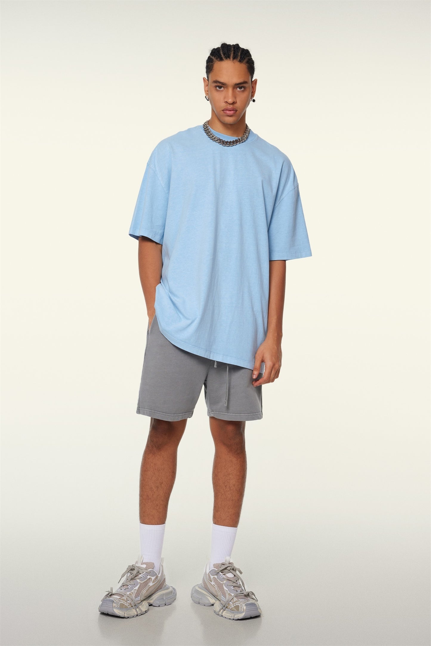 260GSM Unisex Heavyweight Re-Washed Distressed Crew Neck T-shirt Sky Blue