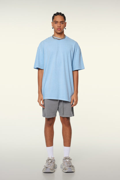 260GSM Unisex Heavyweight Re-Washed Distressed Crew Neck T-shirt Sky Blue