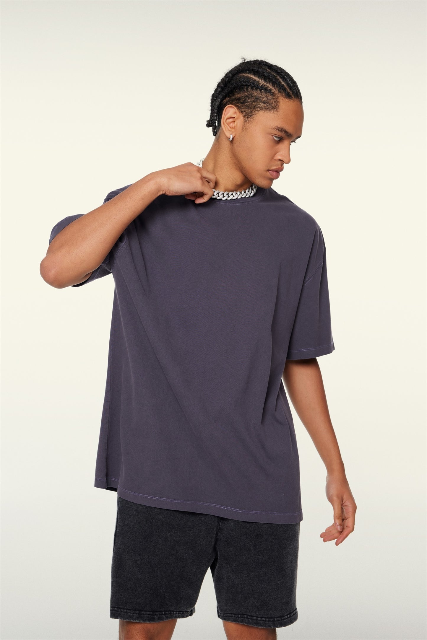 260GSM Unisex Heavyweight Re-Washed Distressed Crew Neck T-shirt Grape Purple