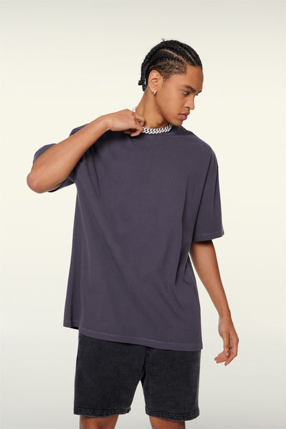 260GSM Unisex Heavyweight Re-Washed Distressed Crew Neck T-shirt Grape Purple