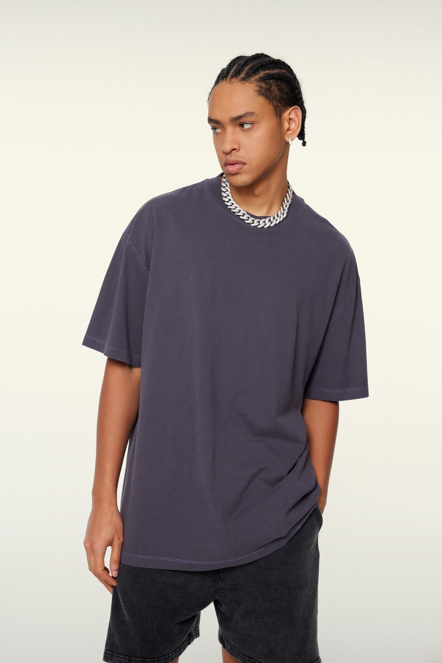 260GSM Unisex Heavyweight Re-Washed Distressed Crew Neck T-shirt Grape Purple