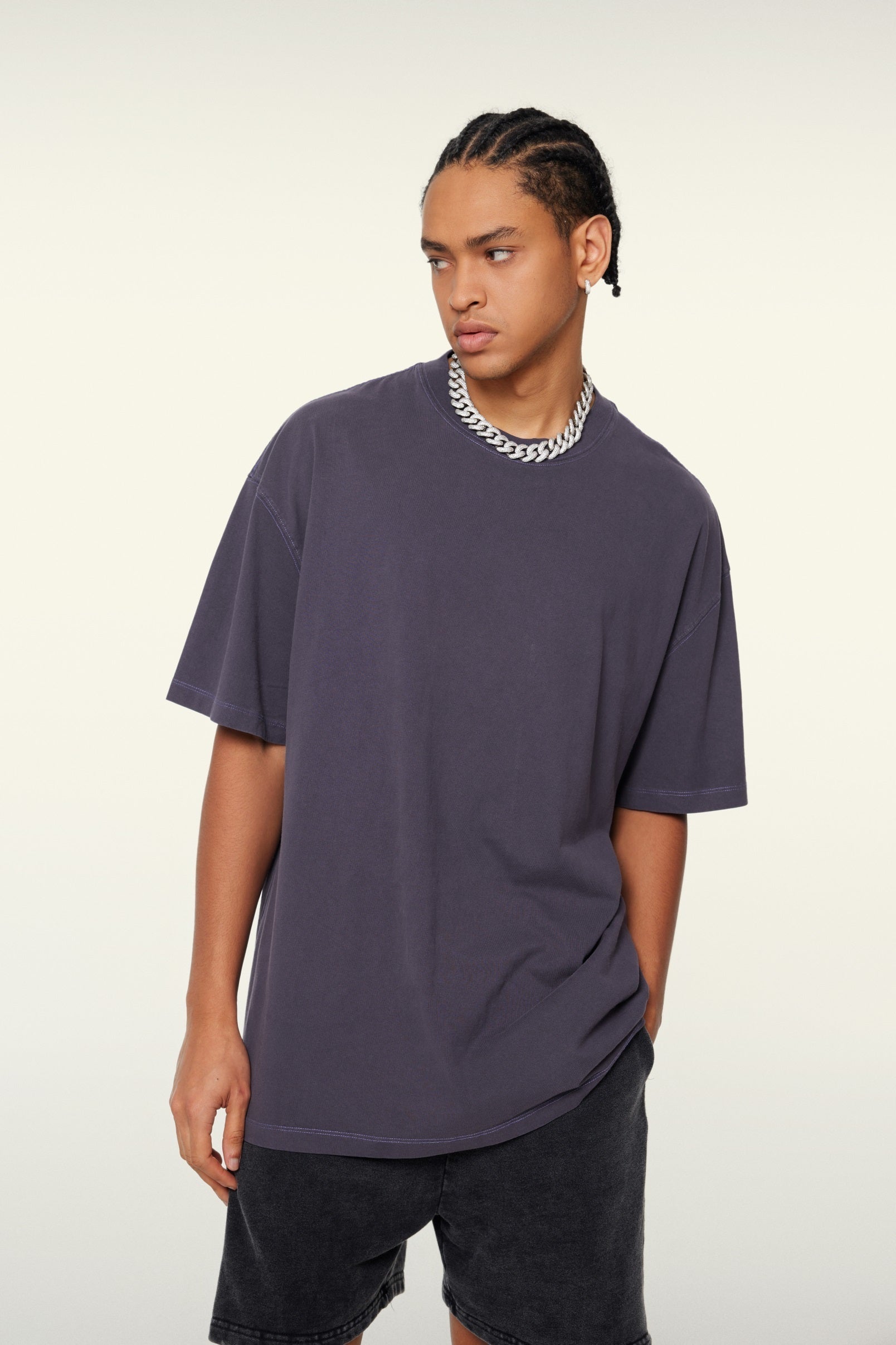 260GSM Unisex Heavyweight Re-Washed Distressed Crew Neck T-shirt Grape Purple