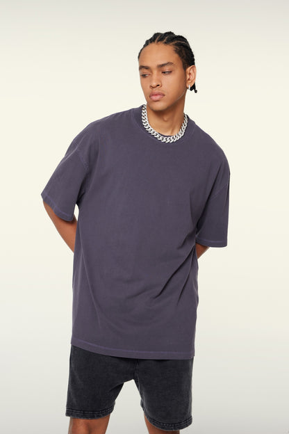 260GSM Unisex Heavyweight Re-Washed Distressed Crew Neck T-shirt Grape Purple