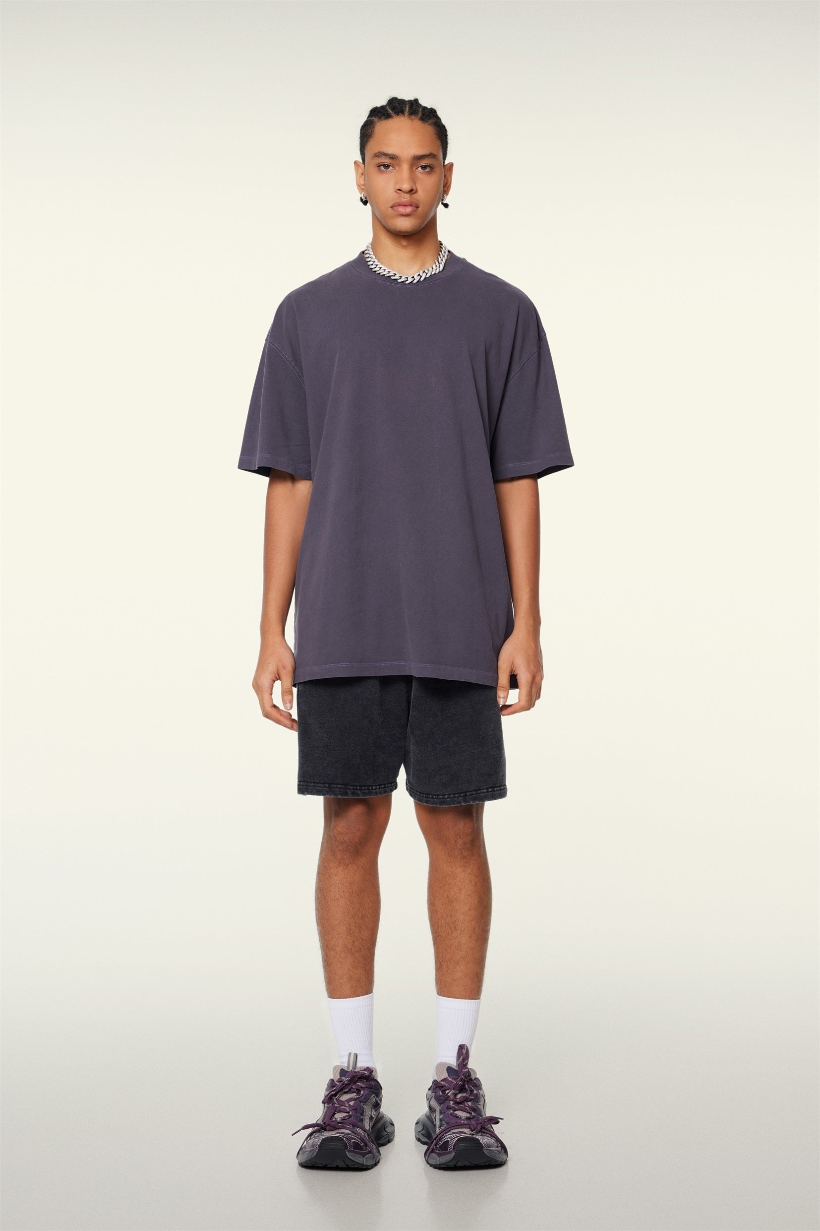 260GSM Unisex Heavyweight Re-Washed Distressed Crew Neck T-shirt Grape Purple