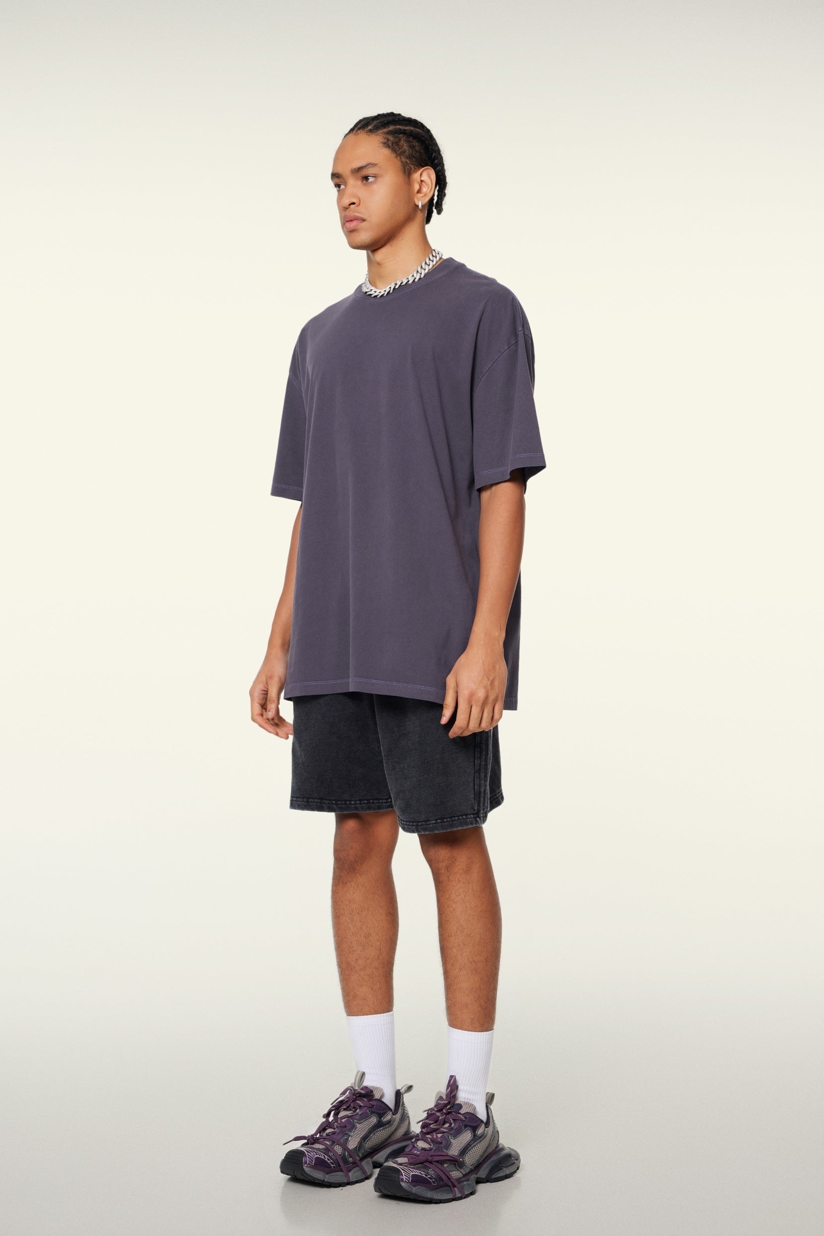 260GSM Unisex Heavyweight Re-Washed Distressed Crew Neck T-shirt Grape Purple