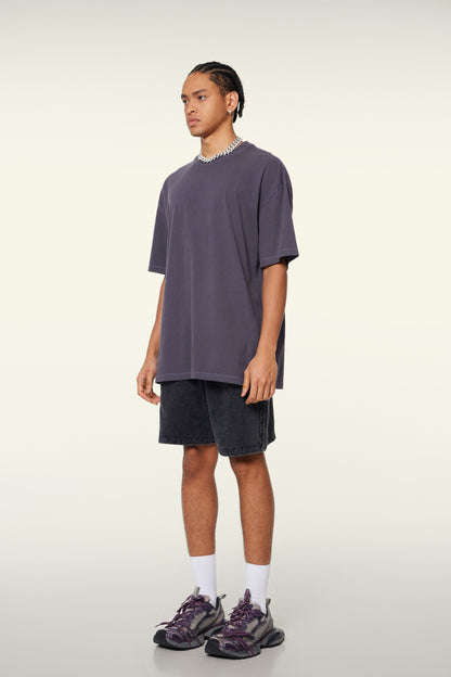 260GSM Unisex Heavyweight Re-Washed Distressed Crew Neck T-shirt Grape Purple