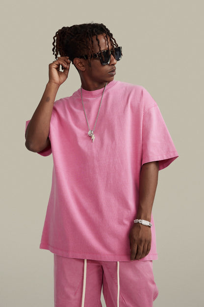 260GSM Unisex Heavyweight Re-Washed Distressed Crew Neck T-shirt Pink