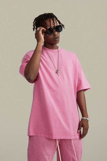 260GSM Unisex Heavyweight Re-Washed Distressed Crew Neck T-shirt Pink
