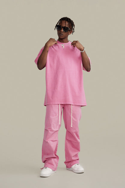 260GSM Unisex Heavyweight Re-Washed Distressed Crew Neck T-shirt Pink