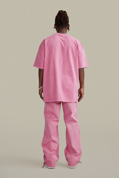 260GSM Unisex Heavyweight Re-Washed Distressed Crew Neck T-shirt Pink