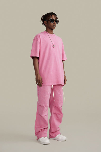 260GSM Unisex Heavyweight Re-Washed Distressed Crew Neck T-shirt Pink