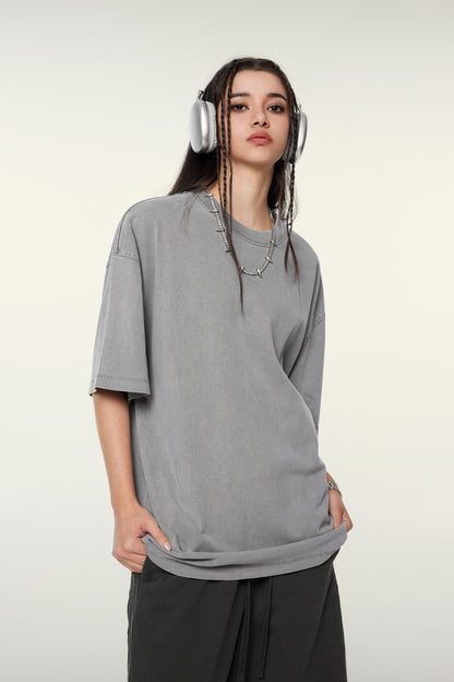 260GSM Unisex Heavyweight Re-Washed Distressed Crew Neck T-shirt Medium Grey