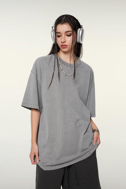260GSM Unisex Heavyweight Re-Washed Distressed Crew Neck T-shirt Medium Grey